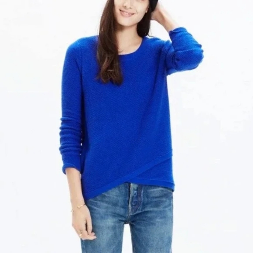 Madewell Feature Sweater Waffle Knit Cobalt Blue Faux Layered Preppy Fall Winter